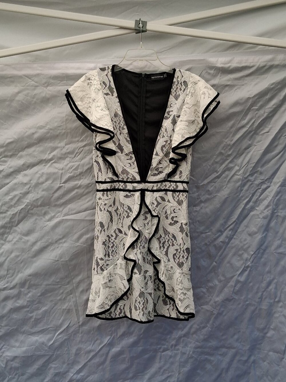 PLT White Lace Plunge Ruffle Dress with Black Piping - Size 6